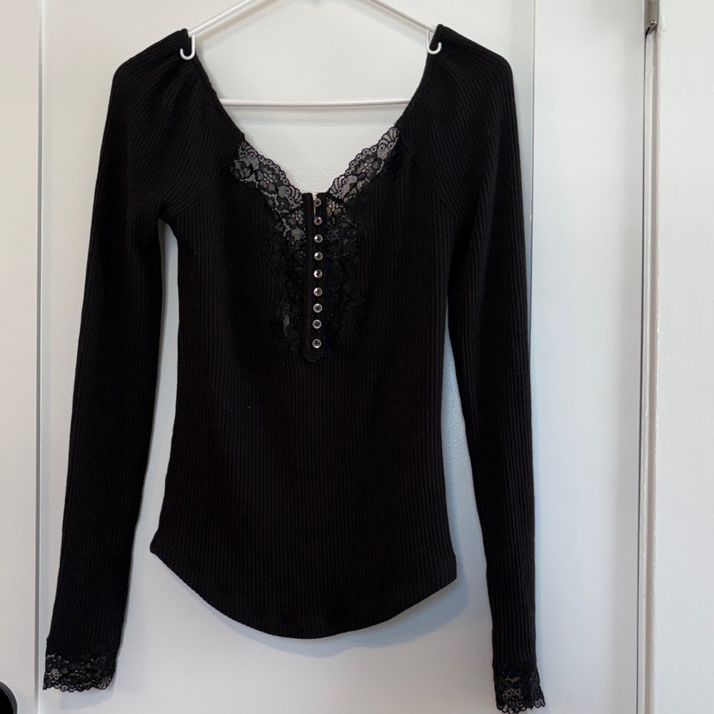 Free People Black Lace Buttoned Top